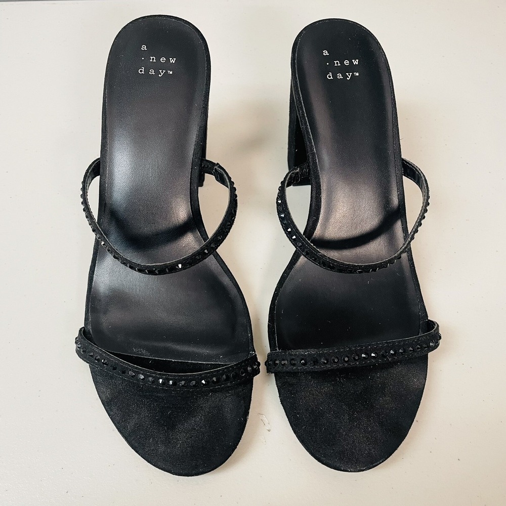 A New Day Black Womens 9 2 Strap Open Toe Rhinestone Block Heels Dancing Witchy